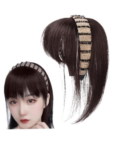 Headssband with Bangs 9.8 inch Clip on Bangs Synthetic Rhinestone Stylish Natural Bangs Hair Clip for Women Girls Brown Drk Brown