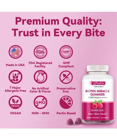 Gynable Hair Skin and Nails Vitamins: Biotin Gummies - 5000mcg Biotin for Hair Growth and Stronger Nails for Women & Men - Vegan Gummy Vitamin B7 30 Days Supply Raspberry 60 Counts - Buy Online on GoSupps.com