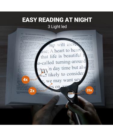 Ezona 5.5 Inch Magnifying Glass with Light - 3 Bright LED, 2X Lens, 4X 25X Zoom - Lightweight Handheld Magnifier for Reading - Buy Online on GoSupps.com