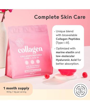 Premium Raspberry Flavour Collagen Powder with Hyaluronic Acid 400g | Bovine Collagen Type I II III Supplement for Women | Hydrolyzed Peptides with 8 Amino Acids | Alpha Foods 26 Servings - Buy Online on GoSupps.com