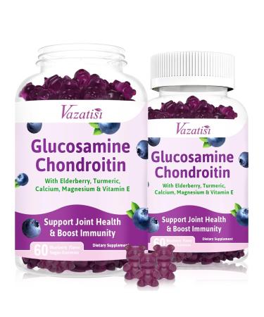 2 Pack Glucosamine Chondroitin Gummies - Glucosamine Chondroitin with MSM Elderberry Turmeric Joint Support Supplement for Adults Men & Women - Blueberry Flavor 120 Cts Blueberry 60 Count (Pack of 2)