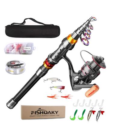Fishoaky fishing rod set carbon fiber coil with combination pole and telescopic fishing with fishing cord fishing hooks spool carrying bag for adults salt water and fresh water travel 2.4 meters