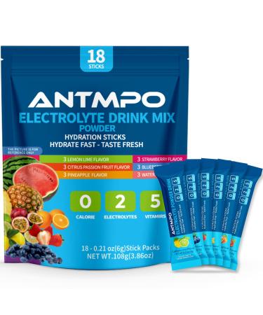 Electrolytes Powder Packets - ANTMPO Sugar Free Electrolyte Powder Drink Mix Packets - Rapid Hydration Packets for Sports & Dehydration - 6 Flavors Variety Pack - Zero Calories - 1 Pack (18 Sticks) Variety Pack 18 Servings