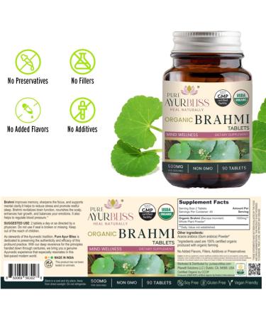 PureAyurbliss 100% Organic Brahmi Tablets with Bacopa monnieri Extract, Ayurvedic Cognitive Support for Memory, Focus, and Mental Clarity, Herbal Brain Health Formula - 90 Count - Buy Online on GoSupps.com
