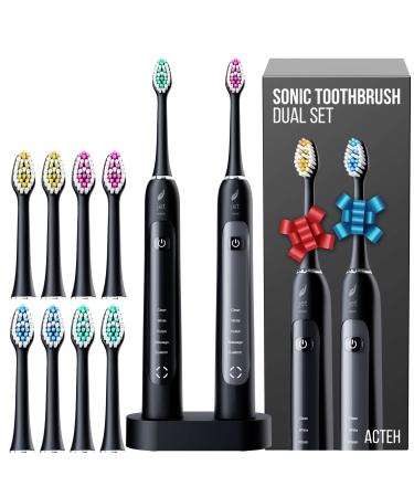 Acteh Sonic Electric Toothbrush Dual Set 5 Modes Smart Timer Long Lasting Battery 2-Toothbrush Set Black