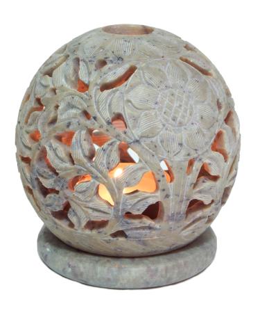 GURU SHOP Indian scented potpourri container made of soapstone tealight - ball flowers cream-white 8.5x8x8 cm fragrance lamps & oil lamps