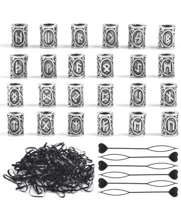 24 pieces hair bears beads braid pearl dreadlocks pearls wikinger rune beard pearls with 6 pieces pull hair pin quick beader and 200 pieces of rubber bands for hair braid bracelet necklace DIY jewelry