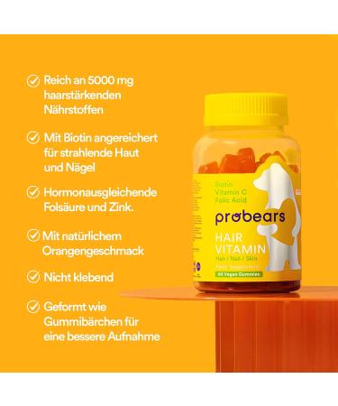 Probars Biotin (B7) Vegan Hair Vitamins - 10 000 mcg Gummy Bears for Hair Loss | Gelatin-Free Halal Multivitamin A B5 B6 B12 C D2 E - 60 Pieces - Buy Online on GoSupps.com