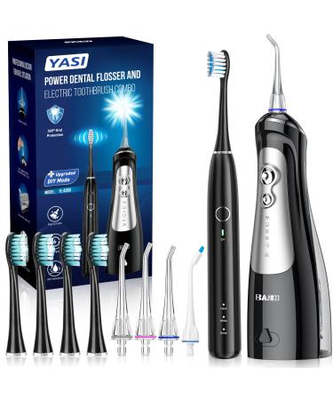 Water Dental Flosser with Electric Toothbrush Combo, Cordless Water Flosser for Teeth, Gums, Braces Care, with 6 Modes & 3 Sonic Modes, Oral Care Kit with 4 Brush Heads & 4 Jet Tips, IPX7 Waterproof Black
