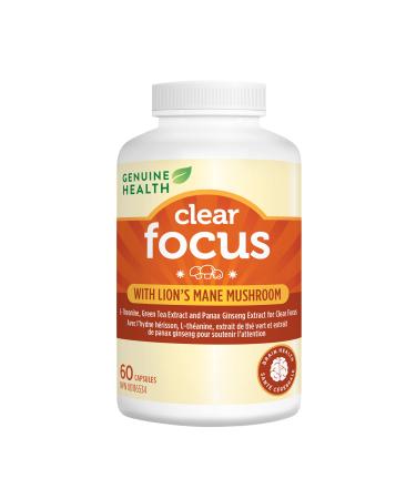 Genuine Health Clear Focus with Lion's Mane Mushroom Vegan Gluten Free Soy Free Non GMO 60 Count Capsules