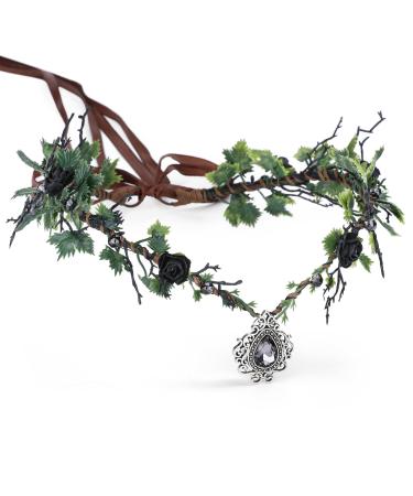 MOSTORY Black Fairy Floral Headband Crystal Elf Crown Headpiece Woodland Leaf Hair Wreath Goddess Tiara Circlet for Women Womens Halloween Cosplay Birthday Party Renaissance Festival