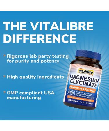 Magnesium Glycinate 420mg with Vitamin D3 & B6 | Chelated & Buffered Magnesium Supplement | High Absorption for Nerve Bone Heart Mood Sleep Support 120 Vegan Capsules Non-GMO 120 Count (Pack of 1) - Buy Online on GoSupps.com