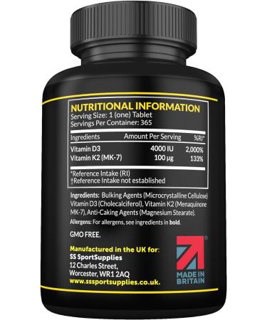 High Strength Vitamin D3 K2 Tablets - 365 Micro Tablets | 4000IU Vitamin D3, 100mcg K2 (MK7) | 1 Year Supply | Vegetarian & UK Made | Bone & Muscle Support - Buy Online on GoSupps.com