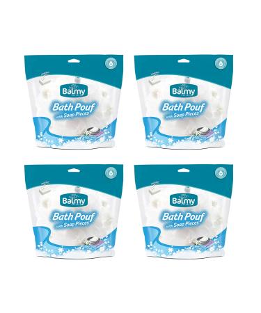 4 Pack Shower Puffs With Soap Pieces - White Soap - Premium Quality Loofah Exfoliating