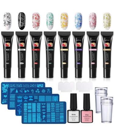 TopDirect 8 Colors Nail Stamping Gel Polish 8ml + 4pcs Nail Stamping Templates + 1 Stampers with 2 Scrapers, Nail Art Stamping Kit Polish Stamper and 36 Design Scraper Nail Plate Print Manicure Tool 0.27 Fl Oz (Pack of 8)