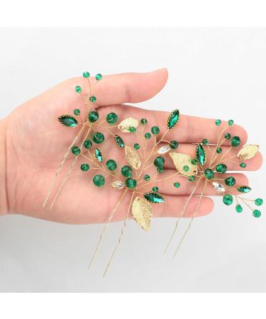 Lusofie 3Pcs Emerald Green Rhinestone Bridal Hair Pins | Gold Flower Leaves Wedding Hair Piece for Women Girls - Buy Online on GoSupps.com
