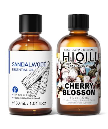 HIQILI 30ML Sandalwood Essential Oil & 30ML Cherry Blossom Fragrance Oil for DIY Diffuser