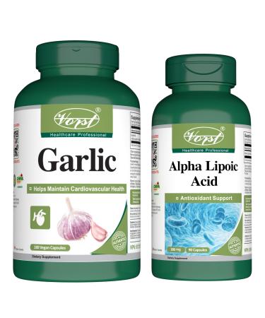 VORST Garlic 180 Vegan Capsules & Alpha Lipoic Acid 300mg 90 Capsules (Combo Bundle 2 Bottles)
