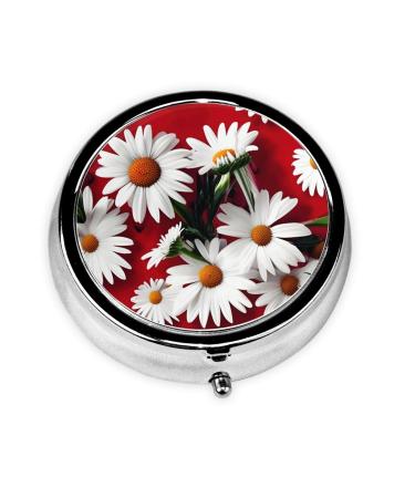 Red Flower and White Daisy Round Pill Box Lightweight Moisture-Proof Portable for Emergency Medication & Fish Oil Red Flower and White Daisy One Size