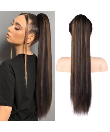 Reecho ponytail extension 28 "Long Straight Drawstring Pony Hair Extension Synthetic Pony Tail Hairpiece for Women - Chestnut Brown with Blonde Hightlights Chestnut Brown With Blonde Highlights