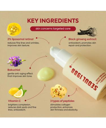 K-SECRET SEOUL 1988 Retinal Serum: Retinol Serum for Face Anti Aging Wrinkle Care - 2% Retinal Liposome Black Ginseng Niacinamide Bakuchiol Vitamin C & 3 Peptides - Korean Skincare Fragrance Free 30mL - Buy Online on GoSupps.com