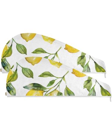Watercolor Yellow Lemons Hair Towel 2 Pack - Super Absorbent Quick Dry Hair Turbans for Women & Girls - Buy Online on GoSupps.com