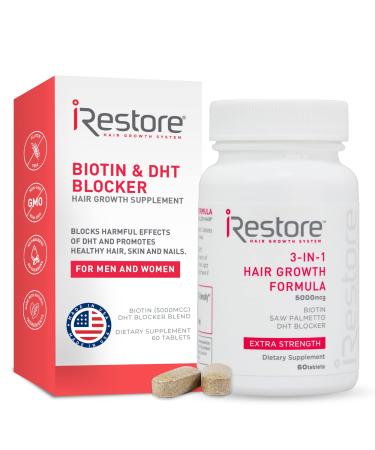 iRestore 3-in-1 Hair Growth Supplement with Biotin, DHT Blocker, Saw Palmetto, and Other Extracts for Hair Loss & Thinning Hair - Vitamins for Hair Regrowth, Skin & Nails Health  60 Count