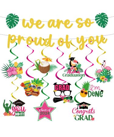 Refavor Hawaiian 2024 Graduation Party Decorations - 12PCS Tropical Graduation Party Decorations 2024 We Are So Proud of You Banner Decor Aloha Congrats Grad Party Decoration Luau Graduation Party