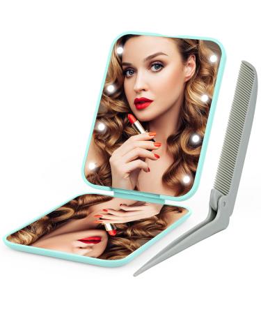 Compact Makeup Mirror Ultra-thin Purse Mirror with Mini Tail Comb Pocket Mirror 2-sided 2x Maginification LED Lighted Mirror Portable Travel Mirror HD Vanity Mirror Home Office Women Girl Lady Gift Green