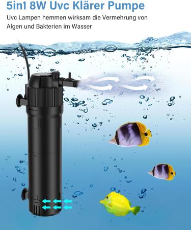 OMECO 5 in 1 UVC Aquarium Filter - 8W Adjustable Interior Pump for 150-300L Aquariums | Ideal for Sea & Freshwater - Buy Online on GoSupps.com