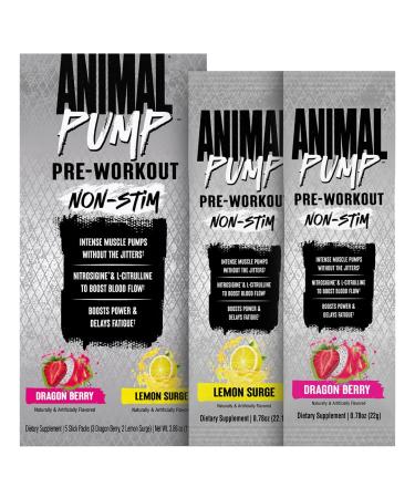 Animal Pump NS Stim-Free Pre Workout Powder - Caffeine-Free Preworkout for Energy Focus and Muscle Builder Beta Alanine Citrulline Nitrosigine Dragon Berry (3) and Lemon Surge (2) 5 Stick Packs