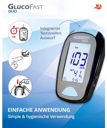 Gluco-Fist Duo Blood Sugar Measuring Device Set | 60 Test Strips & 110 Lanzetten | Precise & Simple MMOL/L Measurement for Optimal Health - Buy Online on GoSupps.com