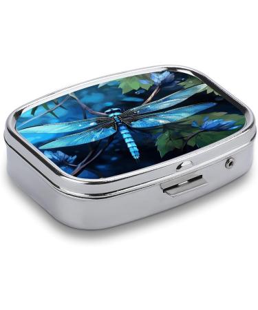 Pill Box Art Blue Dragonfly - Stylish 2 Compartment Portable Pill Organizer for Travel | Decorative Metal Medicine Case - Buy Online on GoSupps.com