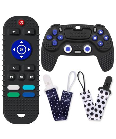 Rquite 2 Pack Baby Teething Toys Teether Toys for Babies 3-18 Months Silicone Remote Control Game Controller Toys Infant Chew Teethers Toddler Sensory Toy Gift Set for Girls Boys Black Black