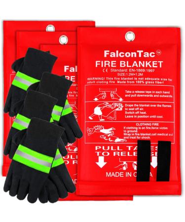 FalconTac 3-Pack Fire Blanket Size X-Large 47''x47'' Fire Suppression Emergency Blanket w/ Heat Resistant Gloves w/ Reflective Strap for Kitchen Camping Grilling