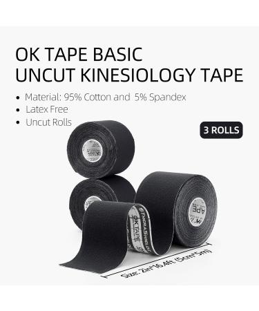 OK TAPE Basic Kinesiology Tape (3 Pack) Original Cotton Athletic Tape for Support Muscle Joint Knee Sports Waterproof Tape Uncut Strips Latex Free Hypoallergenic Pain Relief 2in 16.4ft - Black 3 Rolls Black - Buy Online on GoSupps.com