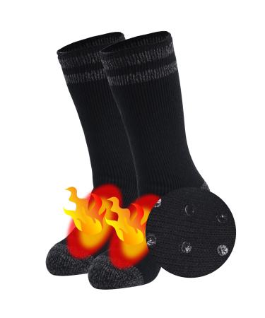 Three street Warm Slipper Socks, Unisex Winter Fur Lined Thick Insulated Heated Non Slip Socks 1 Pair Black Grey Large