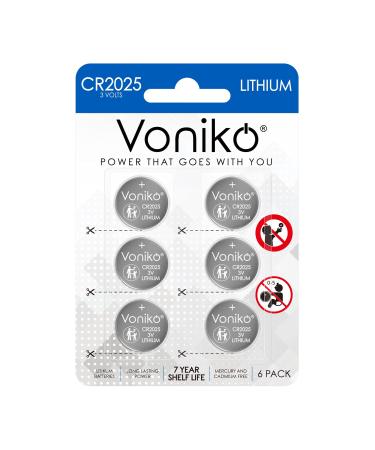 Voniko 3 Volt CR2025 Battery 6 Pack  CR 2025 Battery  CR 2025 Lithium Coin Batteries  7 Years Shelf Life 6 Count (Pack of 1)