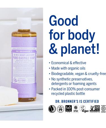 Dr. Bronner's Lavender Pure-Castile Liquid Soap - 237ml | Organic, Fair Trade, Vegan | Multi-Use for Face, Body, Hair, Dishes, and Pets - Buy Online on GoSupps.com