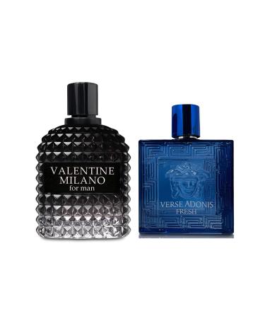 2PCS Valentine Milano/Verse Adonis Fresh Eau De Toilette for Men-Fresh Romantic Scent Perfume for Men 3.4 Fl Oz Each Mens Cologne For All Skin Daily Used MilanoMen/Verse Adonis Fresh
