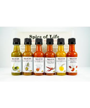 Spice of Life Mini 6 Pack Gourmet Hot Sauce Housewarming Gift Gift for Hot Sauce Connoisseur Mild to Very Hot Ghost Peppers Trinidadian Scorpion Peppers