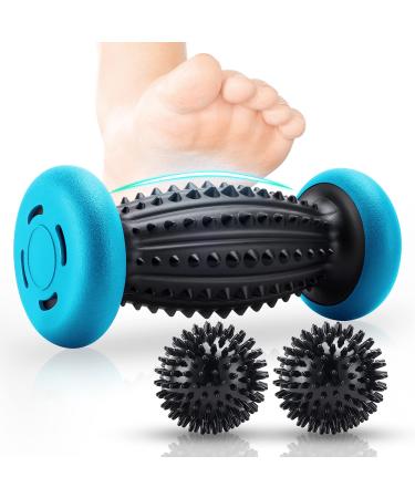 HOFASON Foot Roller Massage Ball for Plantar Fasciitis Relief, Foot Arch Pain, Myofascial Pain and Body Muscle Pain, Foot Massager Reflexology Tool, 1 Foot Massage Roller & 2 Spiky Balls (Black Blue)