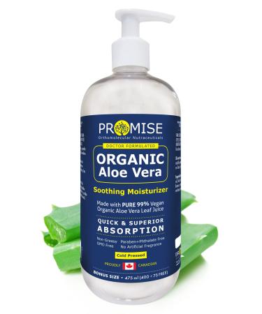 Promise Organic Aloe Vera Gel for Face Hair and Skin FAMILY SIZE 475 ML- Pure Aloe Vera Juice for Moisturizing Skincare After Sun Lotion for Sunburn Relief Keep Skin Healthy and Hydrated all Year Long 475 ml (Pack of 1)