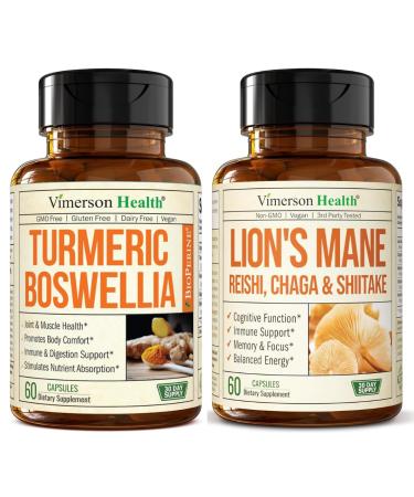 Boswellia Turmeric Curcumin Supplement + Lions Mane Supplement Capsules Bundle for Joint Health Mood & Immune Support with Ginger Organic Turmeric Powder Turkey Tail Shiitake Mushrooms & More