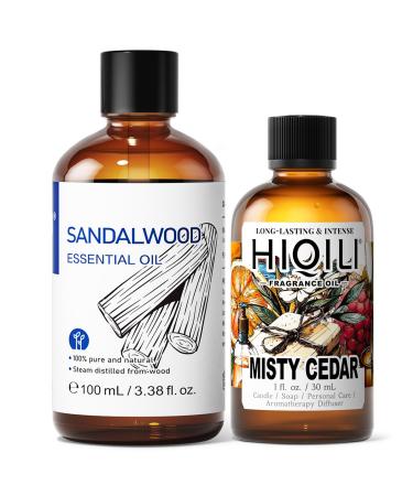 HIQILI 100ML Sandalwood Essential Oil & 30ML Misty Cedar Fragrance Oil for DIY Diffuser