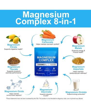 Magnesium Complex 8-in-1 1000mg High Potency with 8 Essential Forms Vegan Capsules for Muscle Nerve & Bowel Support Relief Fatigue & Improve Sleep (90 Capsules) 90 Count (Pack of 1) - Buy Online on GoSupps.com