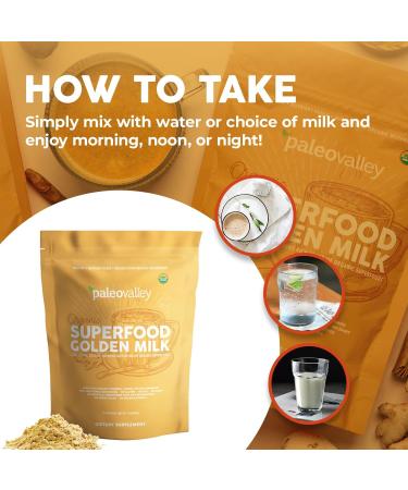 Paleovalley Organic Superfood Golden Milk - Immune, Focus, Cognitive, Longevity - Turmeric, MCT-Rich Coconut Milk, Functional Mushrooms, 30 Servings - Buy Online on GoSupps.com