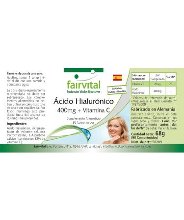 Fairvital | Hyaluronic Acid 400mg + Vitamin C - High Dose - Vegan - 90 Tablets - Buy Online on GoSupps.com