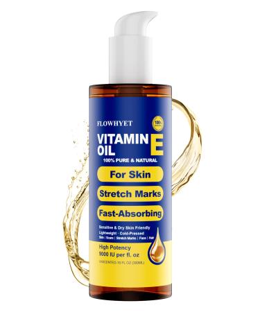 FLOWHYET 300ML Pure Vitamin E Oil for Skin 9.5 fl oz, Organic Vitamin E Oil for Scar, Stretch Marks, Face and Hair, Lightweight Bath and Body Oil Moisturizing Hexane Free Non-GMO Cold Pressed