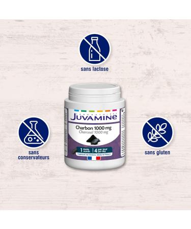 JUVAMINE - Vegetable Charcoal 1000 Mg - Digestion - Bloating - Flatulence - Gas - Helps reduce excess flatulence after a meal - 1 month program - 120 Capsules - Made in France - Buy Online on GoSupps.com
